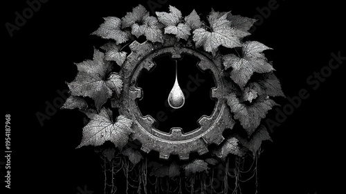 Black and white illustration of a gear surrounded by foliage with a water droplet hanging