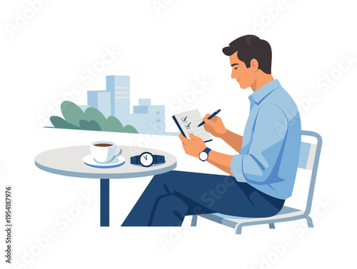A lifestyle productivity moment where an individual gently reviews daily priorities while enjoying a quiet outdoor coffee break in an urban environment, visual metaphor of a