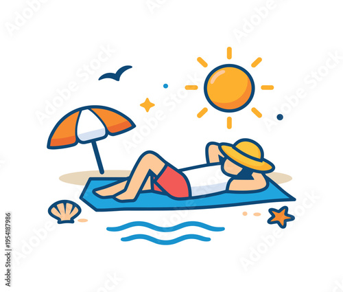 Relaxed summer beach vacation focused on rest and enjoying warm seaside weather during a peaceful holiday getaway, a reclining person on a beach towel beside a large sun and a