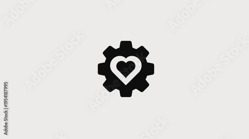 Black cogwheel icon with a white heart in the center against a light grey background