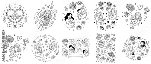 Motherhood line art doodle set