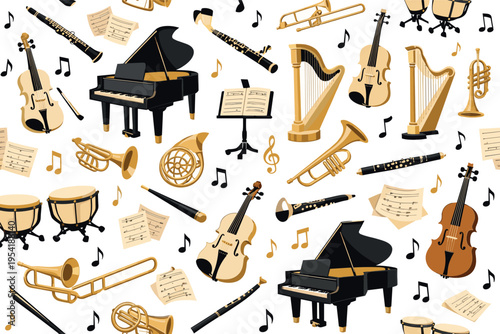 Classical orchestra instruments seamless pattern for cultural and performance design themes featuring violin, cello, double bass, harp, grand piano, flute, clarinet, oboe, trumpet,