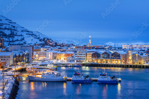Hammerfest City Centre and Harbour in Deep Blue Polar Night Light from Above, Finnmark, Norway