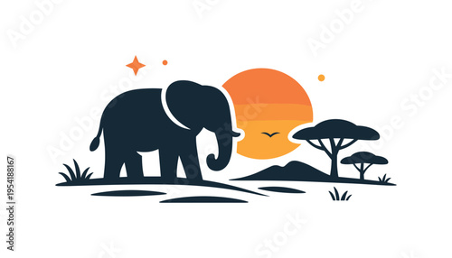 African safari journey highlighting the experience of seeing elephants in their natural savanna habitat surrounded by vast open scenery, a simple elephant silhouette beside a warm