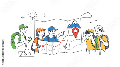 A small group navigating a hiking route through natural terrain, using simple tools to follow paths and reach scenic destinations, represented by a clear visual metaphor of a map
