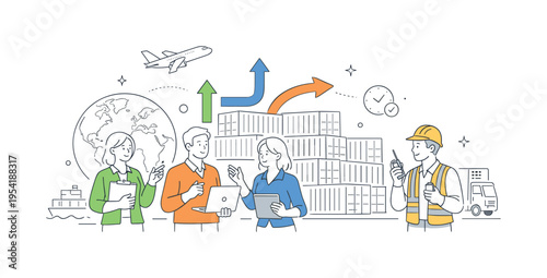 Supply chain management and logistics optimization concept where professionals coordinate transportation and delivery across international markets, featuring stacked containers and