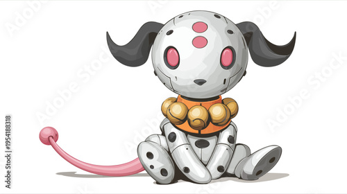 A robotic-looking, dog-like character in a sitting pose, with an orange collar and pink details
