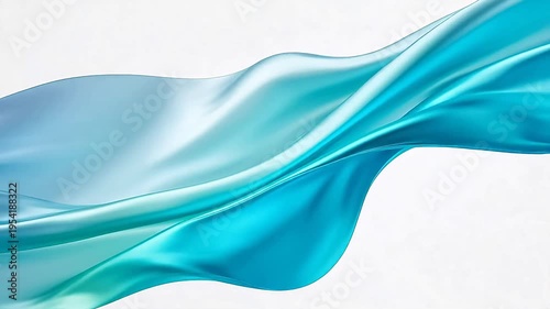 Elegant teal and blue silk fabric flowing in graceful waves on white background — abstract fluid motion, luxury texture, modern design element