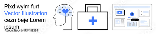 Healthcare, mental health, technology, innovation, business, communication. Graphic of head with heart-brain, medical kit and interface screens. Focus on mental health and healthcare