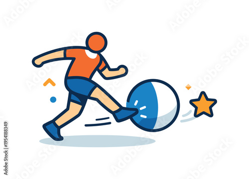Competitive ambition and striving for victory in organized sporting environments highlighting discipline and focused performance, a flat abstract player character kicking a large