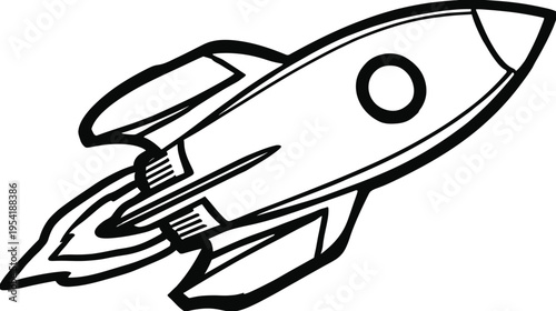 Black and white illustration of a stylized rocket ship with flames, leaving a smoke trail