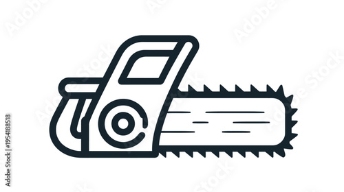 A black and white graphic of a chainsaw tool, showing its handle and blade, and its toothed edge