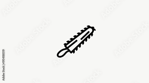 A black and white graphic of a chainsaw tool, angled on a white background