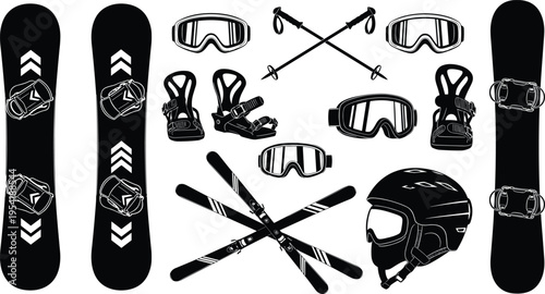 Large collection of black winter sports equipment silhouettes featuring snowboards skis helmets goggles and bindings isolated on white background for mountain and resort design