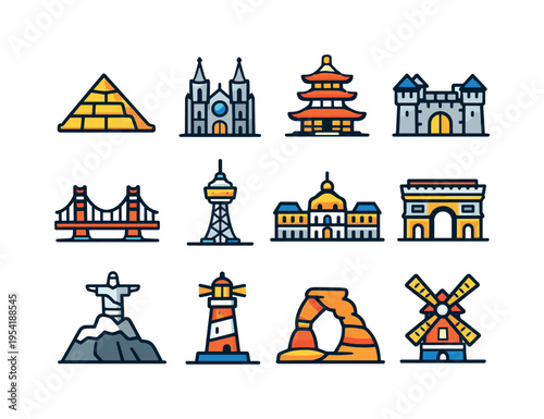 World travel attractions: ancient pyramid monument, gothic cathedral facade, pagoda temple tower, stone castle fortress, suspension bridge landmark, observation tower structure