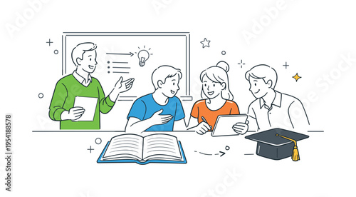 Education and training program moment where students and instructors exchange ideas and review learning materials together, representing knowledge sharing and personal development