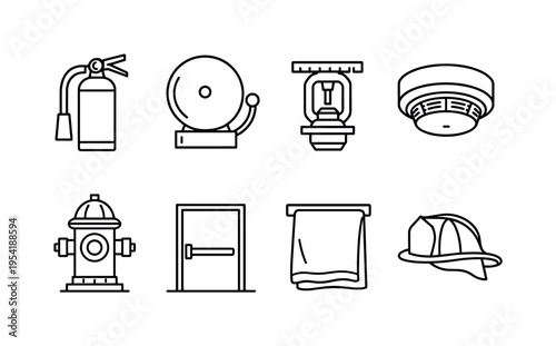 Fire safety elements: fire extinguisher, fire alarm bell, sprinkler head, smoke detector, fire hydrant, emergency exit door, fire blanket, firefighter helmet