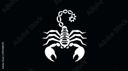 A stark white scorpion illustration against a black background. Simple lines define the arthropod's form