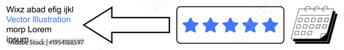 Performance review, feedback, rating systems, scheduling, digital platforms, productivity tracking. Five-star rating with calendar and arrow pointing left. Performance review and feedback concept