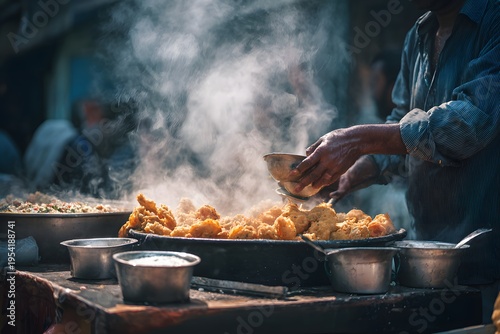 Amidst vibrant chaos of Indian street food street vendor expertly mix serf medley of crunchy aloo tikki cool raita clean professional stock photo sharp macro photography style cinematic realism ultra
