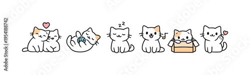 Pet lifestyle and companionship concept highlighting affection and everyday joy with animals, a clean horizontal lineup of cute cat figures in slightly varied poses with rounded