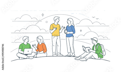 A small group interacting in a serene environment enhanced by a repeating cloud pattern design, integrating soft atmospheric elements into a modern lifestyle composition