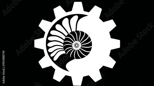 Black and white illustration of a nautilus shell inside of a gear. Geometric and mechanical imagery