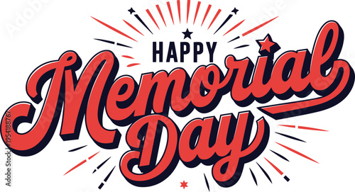 Happy Memorial Day typography lettering banner with fireworks and stars vector illustration