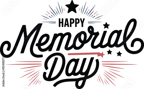 Happy Memorial Day typography lettering banner with fireworks and stars vector illustration