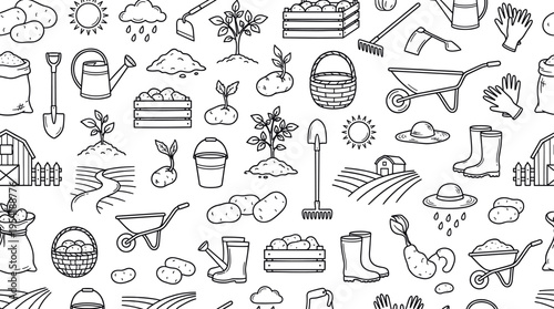 Rural agriculture and potato harvest process concept highlighting planting, growing, and collecting crops with simple farming tools and natural elements. Objects of potato, seed