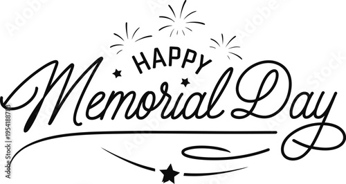 Happy Memorial Day typography lettering banner with fireworks and stars vector illustration
