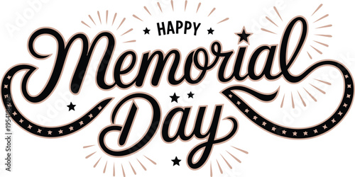 Happy Memorial Day typography lettering banner with fireworks and stars vector illustration