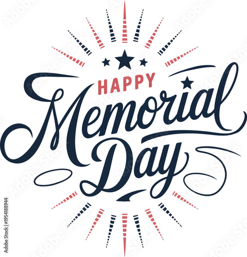 Happy Memorial Day typography lettering banner with fireworks and stars vector illustration