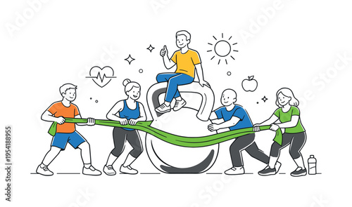 Strength training and physical wellbeing illustration where a group of people collaborates around a large resistance band and a kettlebell, using the equipment as a visual metaphor