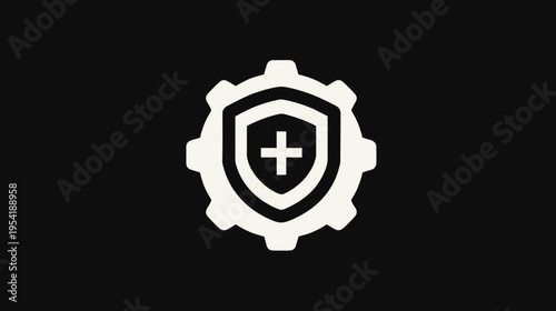 Icon featuring a shield with a plus sign, surrounded by a gear, all in cream on black