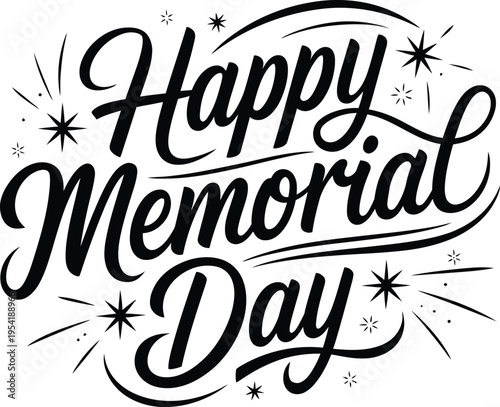 Happy Memorial Day typography lettering banner with fireworks and stars vector illustration