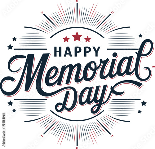 Happy Memorial Day typography lettering banner with fireworks and stars vector illustration