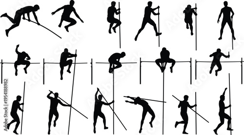 Large collection of pole vault athlete silhouettes in action jumping over bars and holding poles isolated on white background for track and field sports