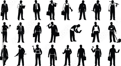 Large collection of professional worker silhouettes featuring businessmen construction workers engineers and repairmen with tools isolated on white background for industrial labor design