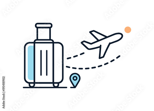Modern travel and mobility for work or leisure across cities and countries, a simple luggage bag with a handle beside a small airplane symbol representing movement, exploration