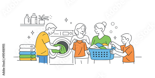 Modern home laundry room interior scene where a small group of people places clothes into a large washing machine beside a simple stack of folded towels, using the washing machine