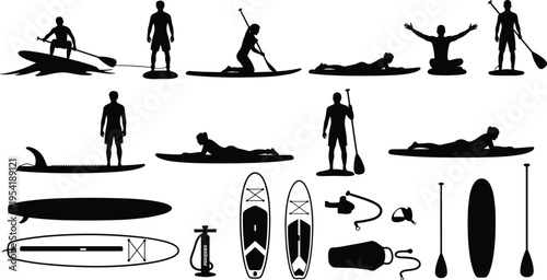 Large collection of stand up paddle board silhouettes featuring people paddling surfing and doing yoga plus gear icons isolated on white background for water sports design
