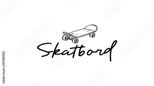A simple black and white drawing of a skateboard with the word "Skateboard" in script below