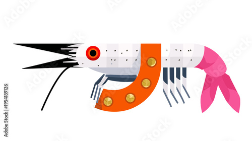 Illustration of stylized crustacean with large black appendages, an orange band, and a pink tail
