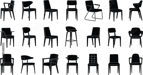Large collection of twenty one black chair silhouettes featuring modern office dining and bar stool furniture designs isolated on white background for interior design