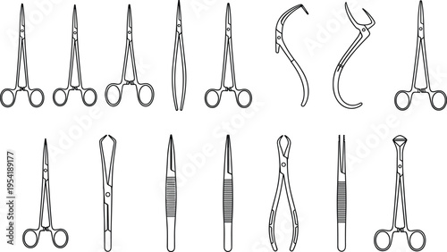Large set of surgical instrument silhouettes including medical scissors forcep clamps and tweezers isolated on white background for healthcare hospital or veterinary surgery