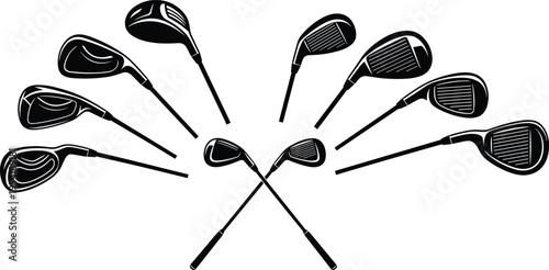 Large collection of various golf club silhouettes including drivers irons and wedges arranged in a fan shape isolated on white background for sports design