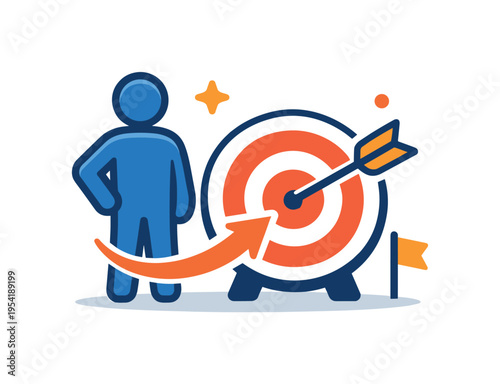 Career coaching and goal setting focused on helping individuals move toward professional achievement, a person icon standing beside a target with an arrow forming a clear visual