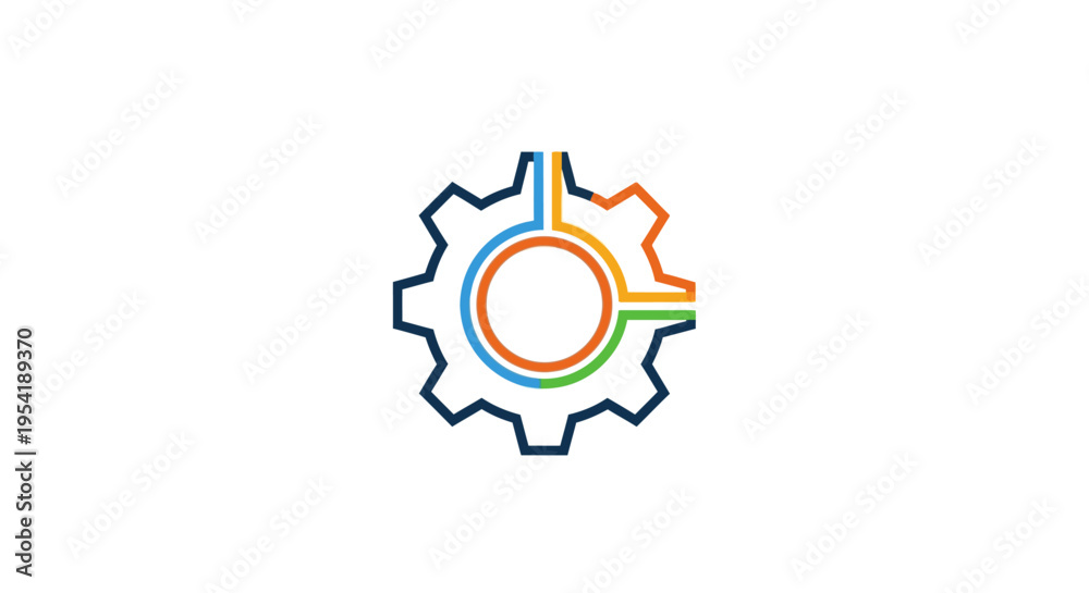 Obraz premium Modern gear logo icon with colorful integrated circuit lines.