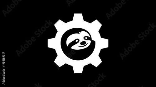A black and white logo featuring a gear with a sloth inside